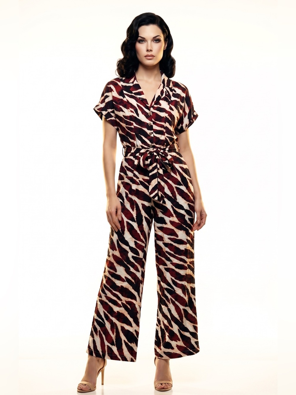Women’s Jumpsuit  Short Sleeve Wide leg| Burgundy & Cream Animal Print| Size M